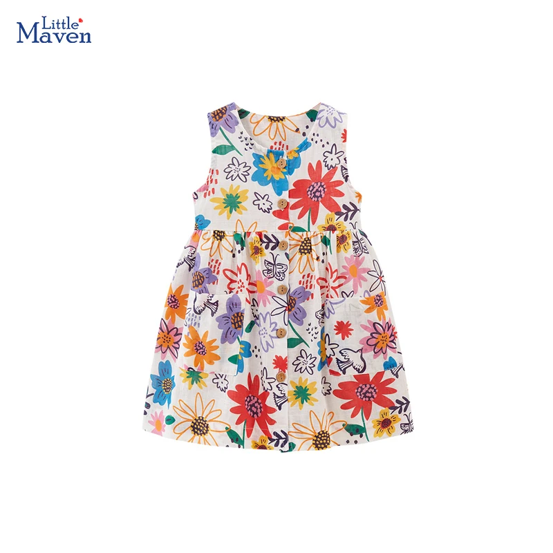 

Little maven Cute Girls Bird Floral Print Sleeveless Dress Summer Baby Children Lovely Princess Flower Kids Dress Have Pockets