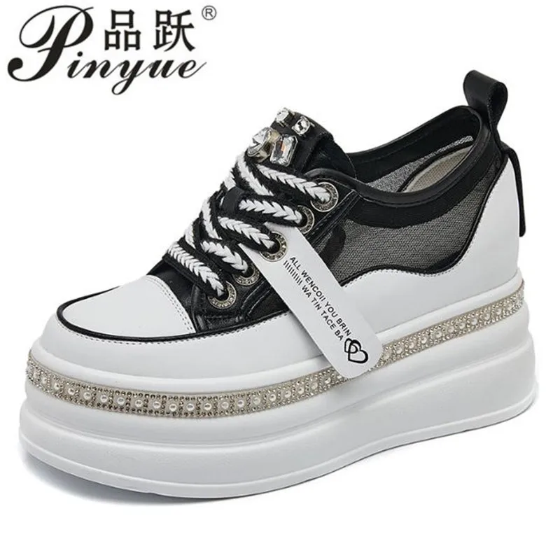 

8CM Air Mesh Cow Genuine Leather Platform Wedge Chunky Sneaker Hollow Summer Women Breathable Vulcanize Hidden Heel Shoes 39
