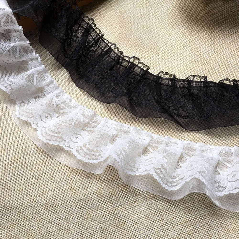 Double-Layers Ruffled Chiffon Lace Trim Fabric 5cm Wide 39.3In Long DIY Pleated Clothing Craft Accessories Handmade Doll Costume