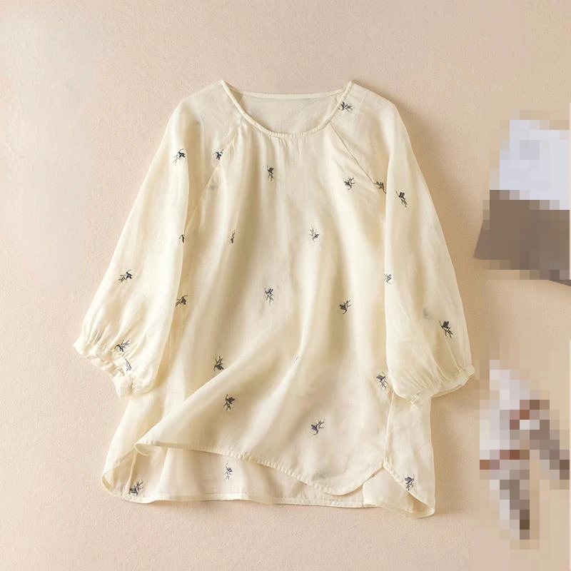 

New Summer Fashion Woman Blouse 2023 Solid Color Round Neck Cropped Sleeves Leisure Embroidery Shirts and Blouses for Women