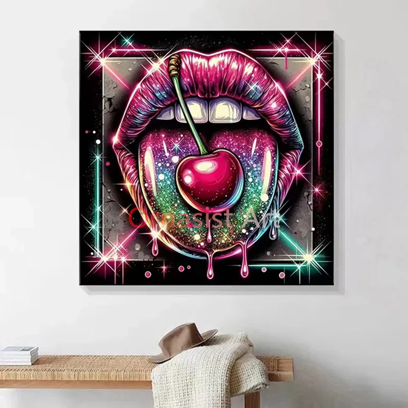 5D DIY Fairy Dust Diamond Mosaic Art Cherry Lip Full Crystal Diamond Painting Rainbow Rainbow Rhinestone Cross Stitch Wall Decor