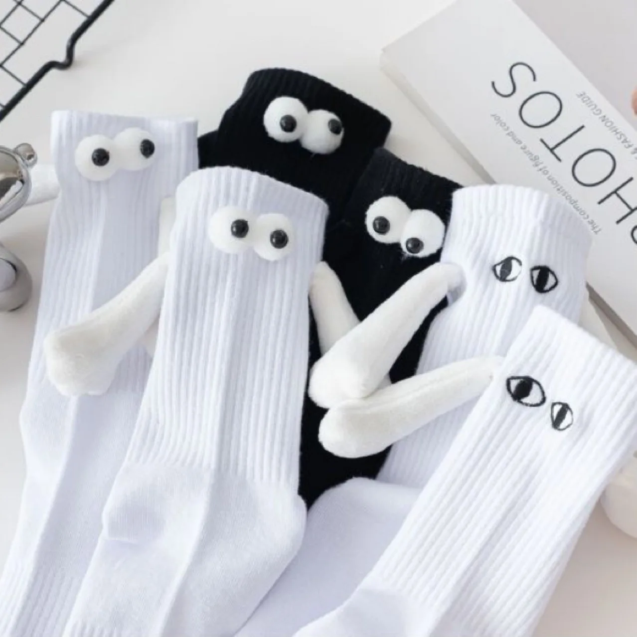 Magnetic Socks with Hands Women Men Fashion Black White Funny Cute Cartoon Eyes Couple Mid-tube Socks for Gifts