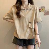 Polo Zipper T Shirts Women Summer Casual Loose Short Sleeve Pullover 2025 new Korean Lady Fashion Shirring Black Tops