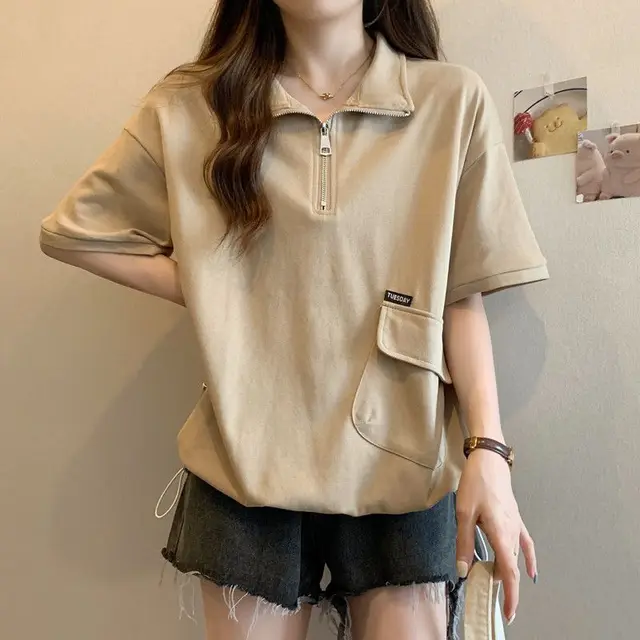 Polo Zipper T Shirts Women Summer Casual Loose Short Sleeve Pullover 2025 new Korean Lady Fashion Shirring Black Tops