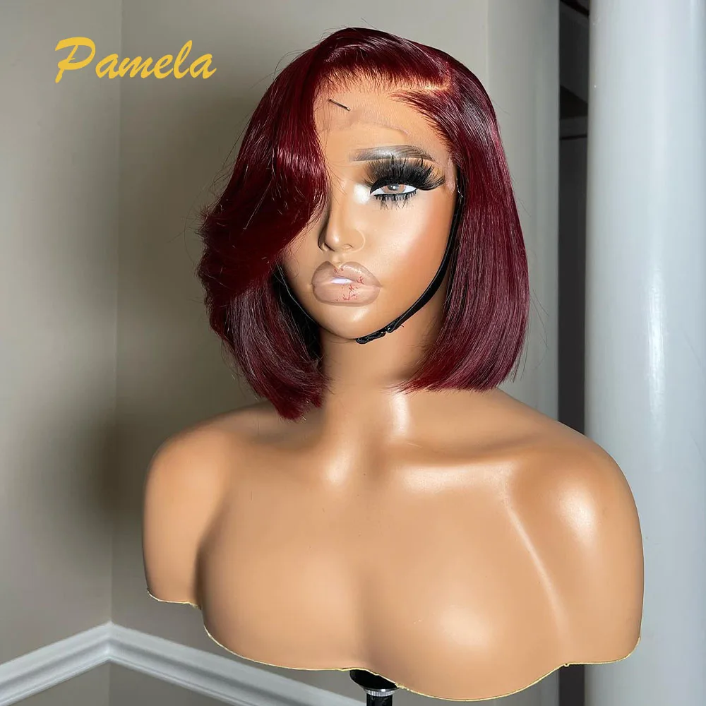 

Burgundy Blonde Pixie Cut Short Bob Wig 99J Colored Straight Bob 13x4 Lace Front Glueless Pre Plucked Wig Human Hair Ready To Go