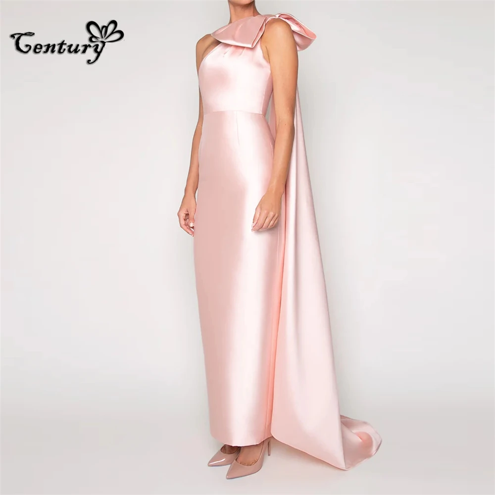 

Blush Prom Dress Long 2024 Big Bow Sheath One Shoulder Satin Pageant Evening Gowns Robe De Soiree Vestido Largo