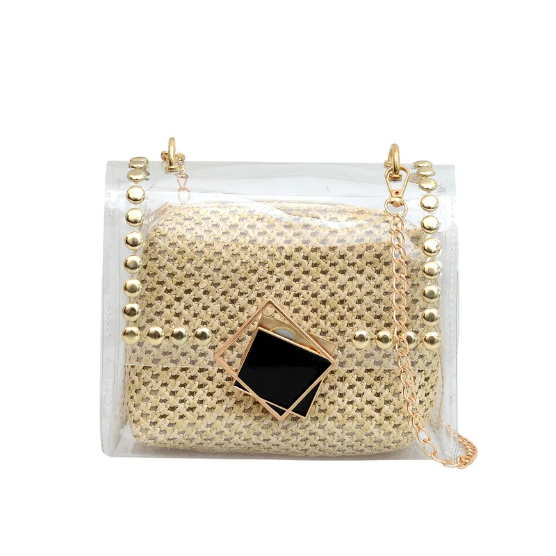 

2024 Newly Double Layer Handbag Transparent Straw Women Metal Chain Daybag Crossbody Bag Summer Rattan Woven Seaside Beach Tote