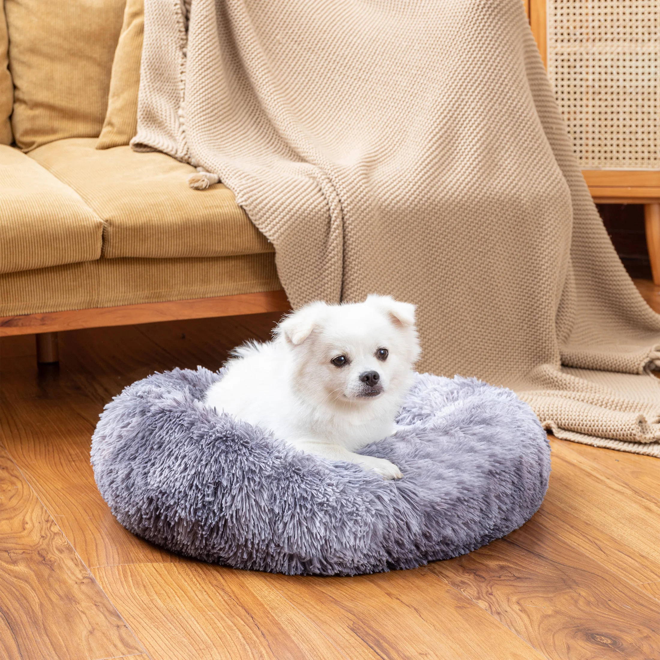 Pet Bed Long Plush Cat Bed Round Donut Anti-anxiety Ped Mat Calming Kennel Warm Outdoor Pet Cat Dog Mat Portable