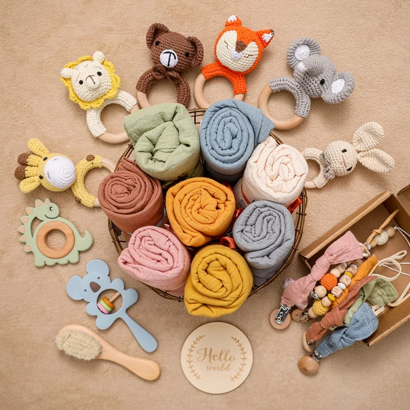 Baby Towel Bath Set Gift Box Cotton Blankets Newborn Milestone Cards Wooden Ring Rabbit Rattle Infant Brush For Baby Birth Gift