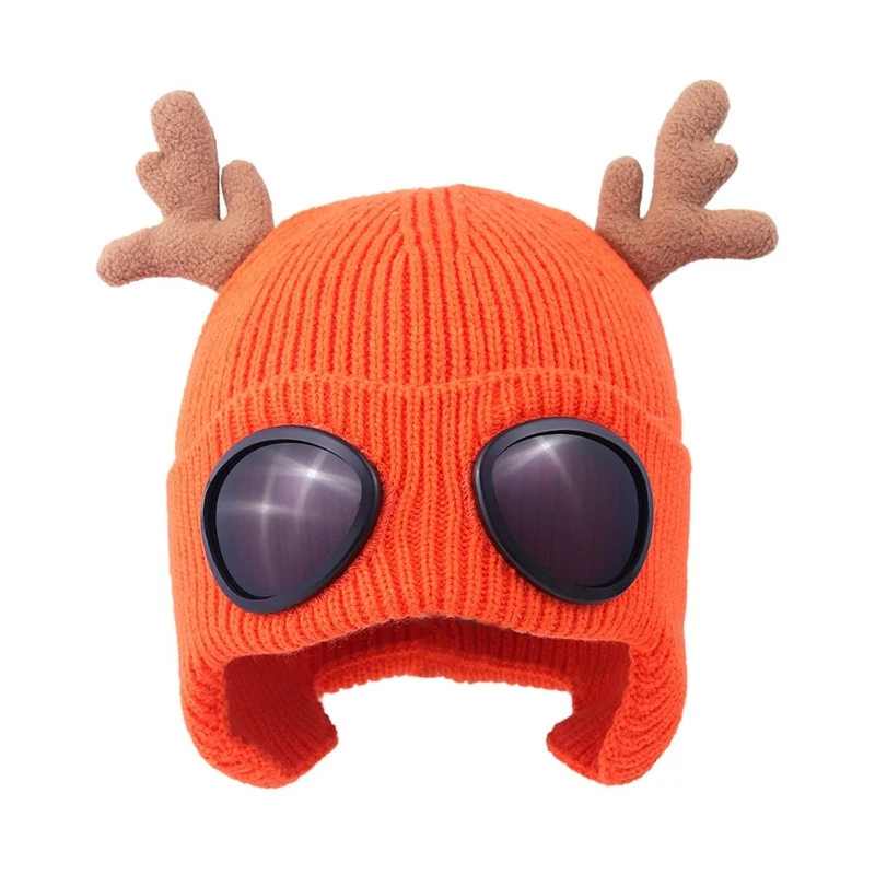 

Pilot Hat with Deer Horn Decor Winter Knitted Hat Female Unisex Sunglasses Hat Male Sunscreen Windproof Elastic Hat