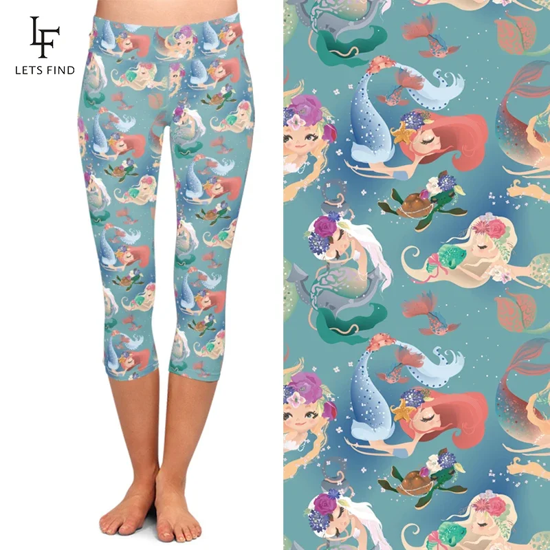 Summer Fashion High Elastic High Waist Women Capri Leggings Mermaid Print  Mid-Calf 3/4 Stretch Leggings