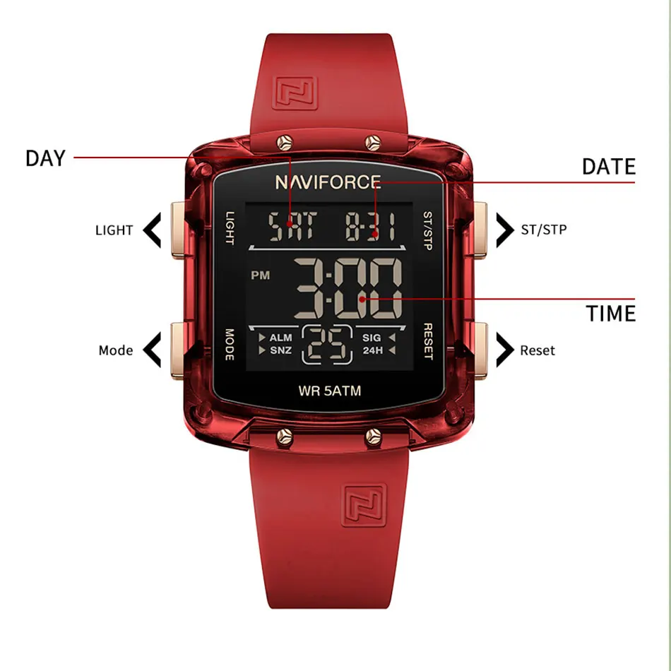 Naviforce Orologio da polso al quarzo analogico, impermeabile, per studenti, ragazzi e uomini, cinturino in silicone, data-settimana, arancione, Cinghia