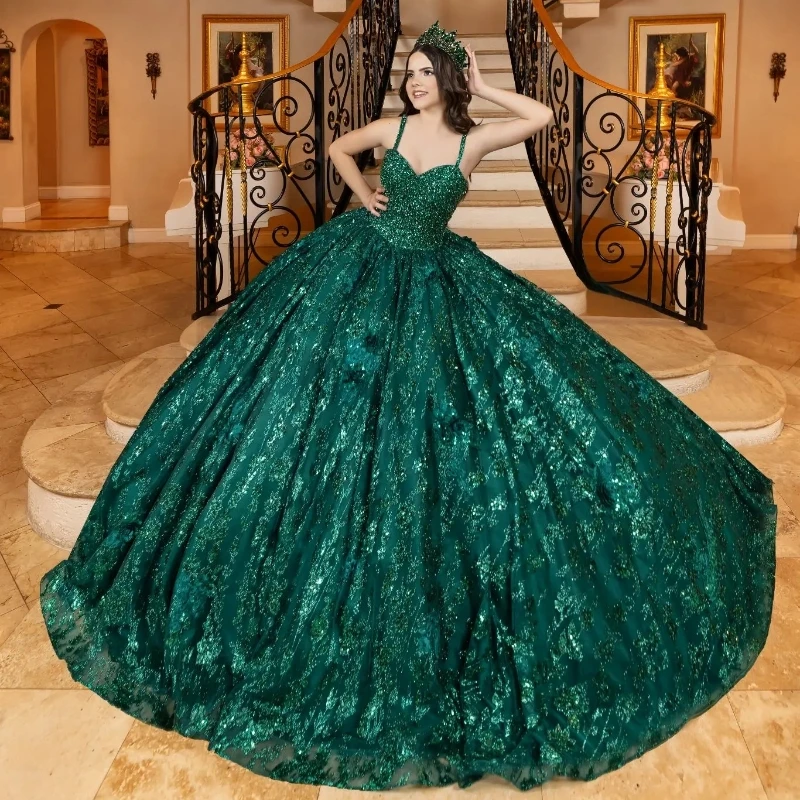 

2024 Blackish Green Shiny Quinceanera Dress Ball Gown Sequins Applique Lace Beaded Tull Off Shoulder Sweet 16 Vestido De 15 Anos