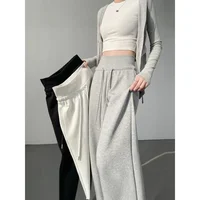 American Style High Waist Grey Sports Pants Women Spring Autumn Tummy Control Wide Leg Straight Loose Casual Floor Length Sweatp