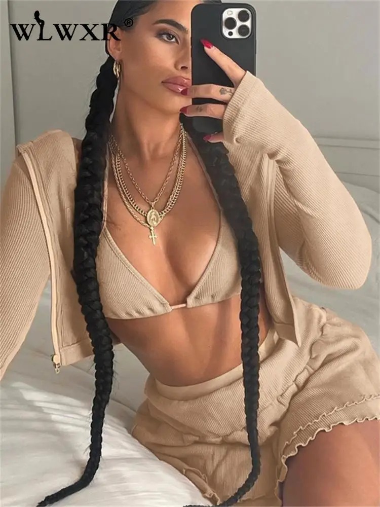 

WLWXR Fall Three 3 Piece Set Sweatsuits For Womens Long Sleeve Crop Top Outfits Khaki Skinny Skirts Dress Matching Sets Female