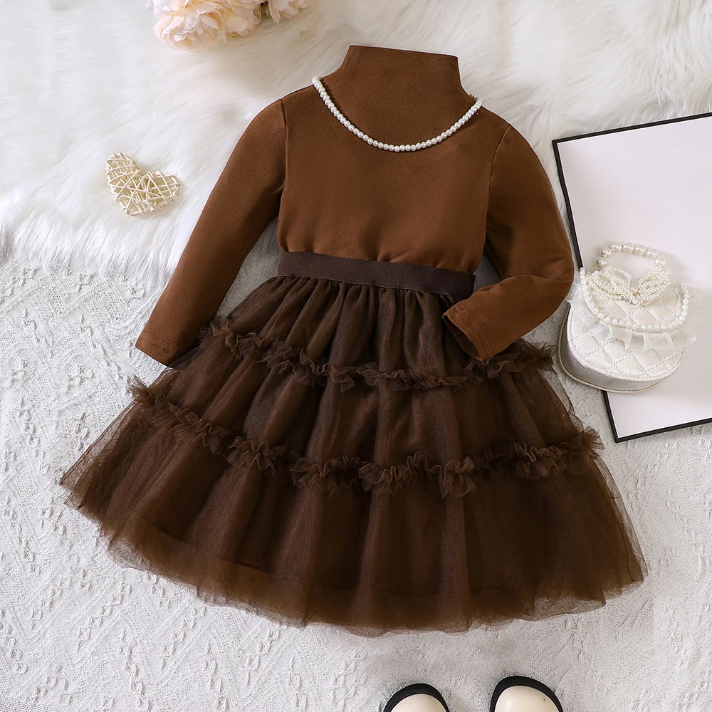 

Menoea Girls' Long Sleeved Set Autumn New Girls' High Neck Long Sleeved Top+Mesh Ruffled Puffy Short Skirt Two Piece Set