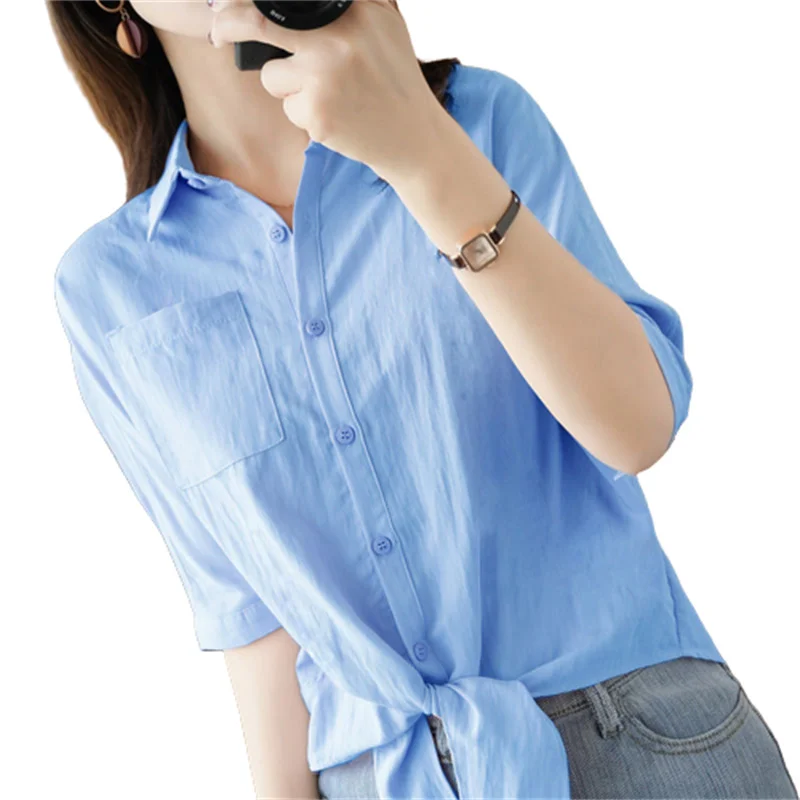 

Woman Spring Autumn Style Blouses Shirts Lady Fashion Casual Short Sleeve Turn-down Solid Color Pocket Blusas Tops WY0215