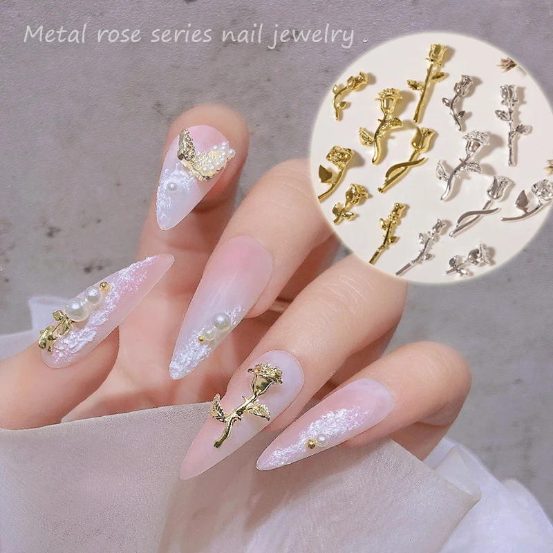 

10pcs/Lot Alloy Nail Decoration Gold Silver Rose Nail Art Flower Leaf Jewelry DIY Light Luxury Charms Rose Manicure Accessories