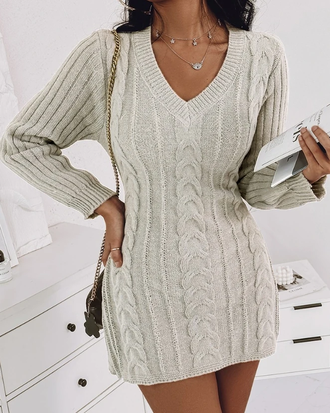 

Fashion Dresses for Women Cable Knit Long Sleeve V-Neck Casual Mini A Line Sweater Dress Femme Skirts 2023 Autumn Clothing