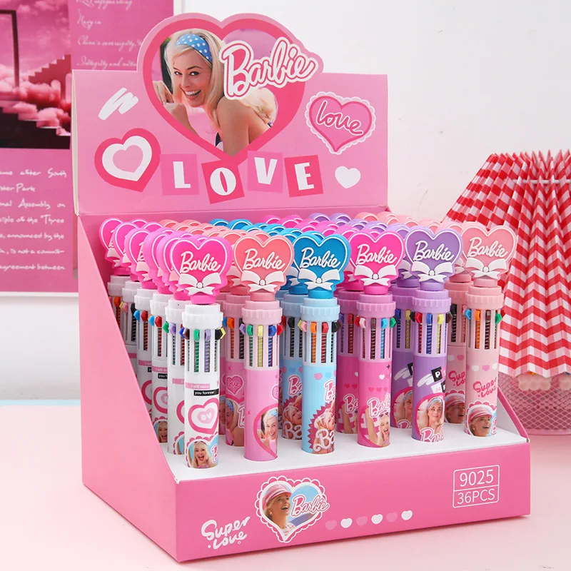 36Pcs Barbie Multi-Colour Water-Based Pen Cute Cartoon 10 Colour Neutral Press Pen Kawaii Learning Stationery Set Student Gift