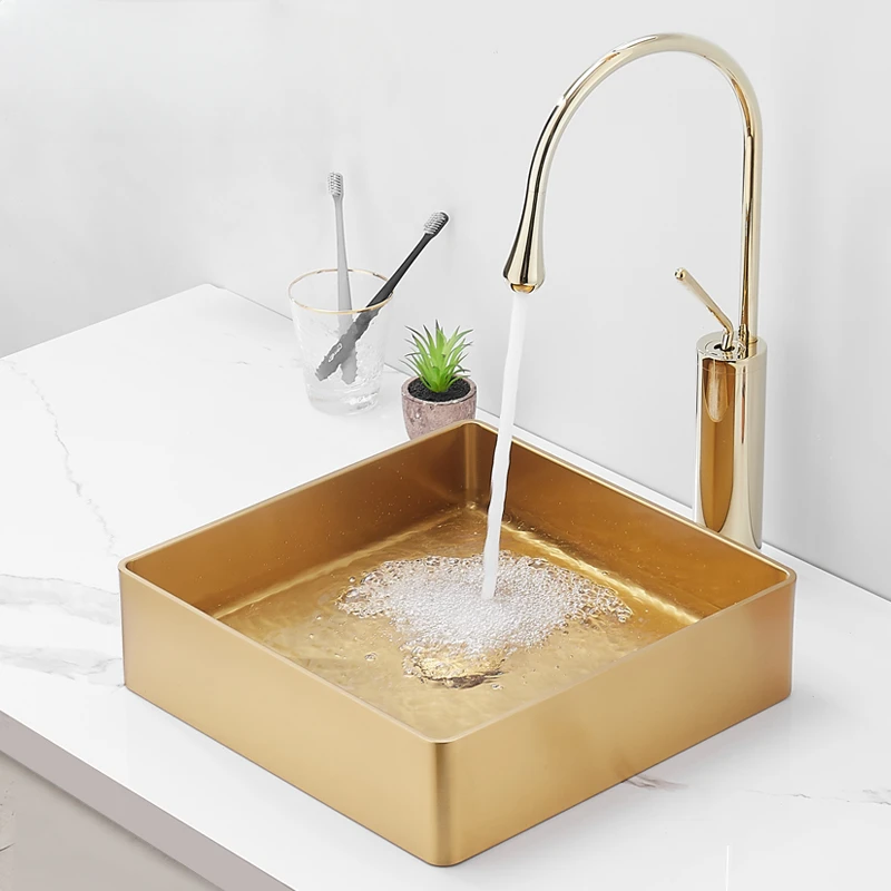 Golden square washbasin, household 304 stainless steel tabletop, bar and homestay art basin