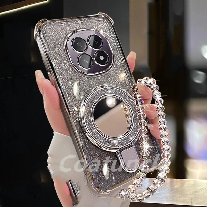 Glitter Plating Mirror Phone Case with Magnetic Holder and Bracelet Cover