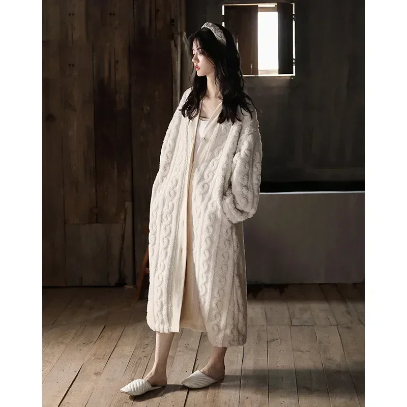 

Long Women's Pajama Style Fleece Sleepwear Korea Winter Bathrobe Breasted Warm for Thick Sleeve Female Single Ladies Solid