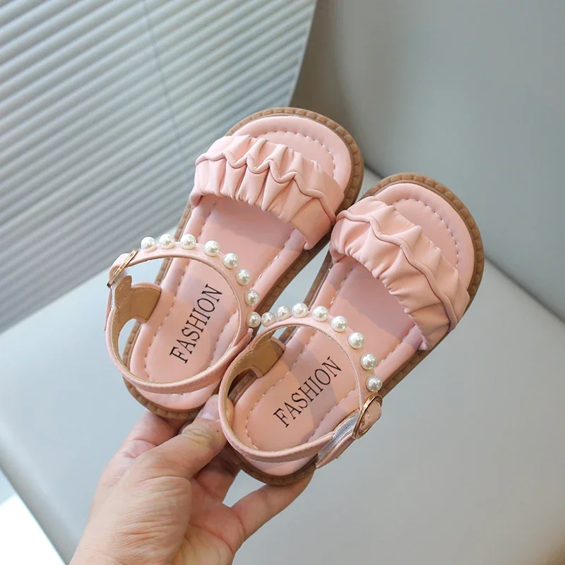 Girls Summer Sandals 2025 New Princess Kids Beach Shoes Rubber Out-sole Ruffles Pleated with Pearls Beading Open Toes Sweet Soft