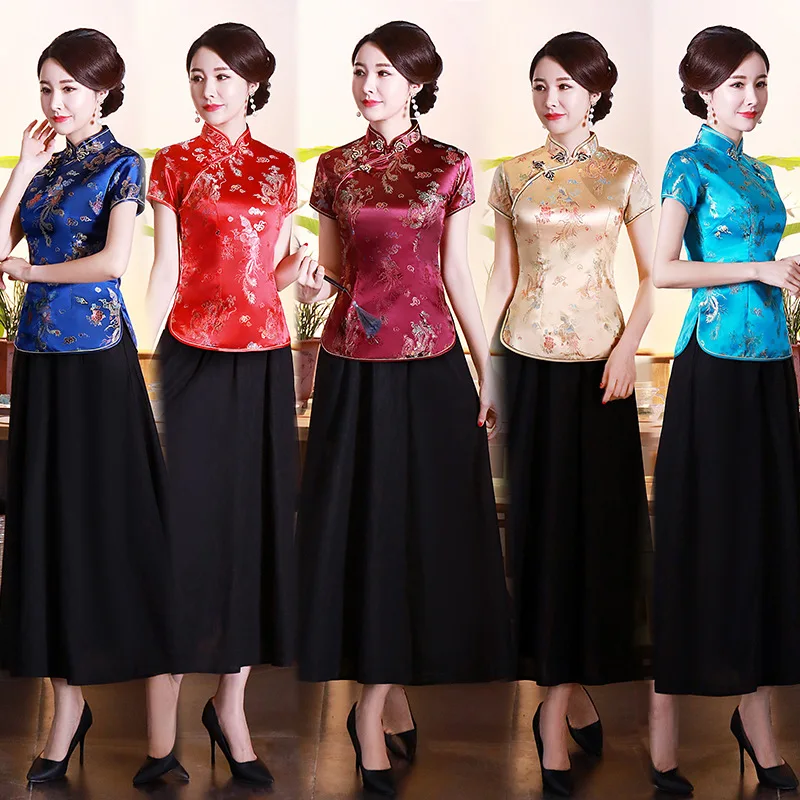 Lake Blue Tang Clothes Lady Slim Qipao Tops Vintage Mandarin Collar Shirt Chinese Style Costume Oversize Blouse Satin Clothing women satin blouse women chinese shirt