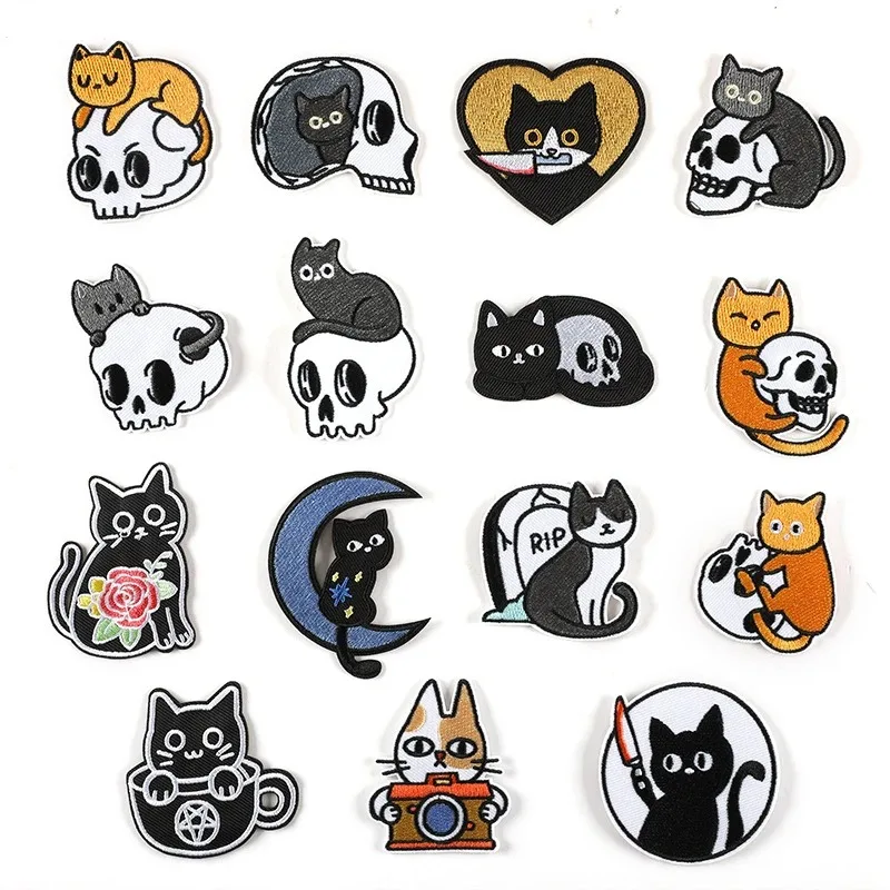 

Cartoon Embroidery Patches Black Cat Skull Iron on Cloth Stickers DIY Clothing Hat Bag Accessories Boys Girls Personalized Gift