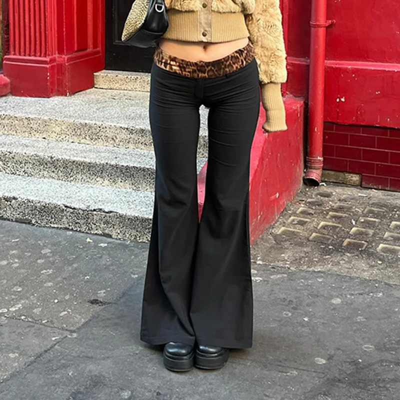 IAMHOTTY Vintage Leopard Print Low-waisted Patchwork Flared Pants Black Slim Stretchy Casual Basic Sweatpants Joggers Trousers