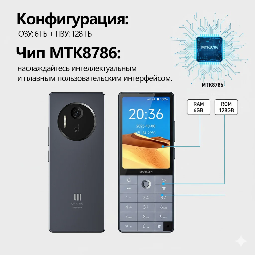Смартфон Qin F25 с Русской Клавиатурой: MTK8786, Android 14 (Google Play), 6+128GB, Две SIM, Wi-Fi