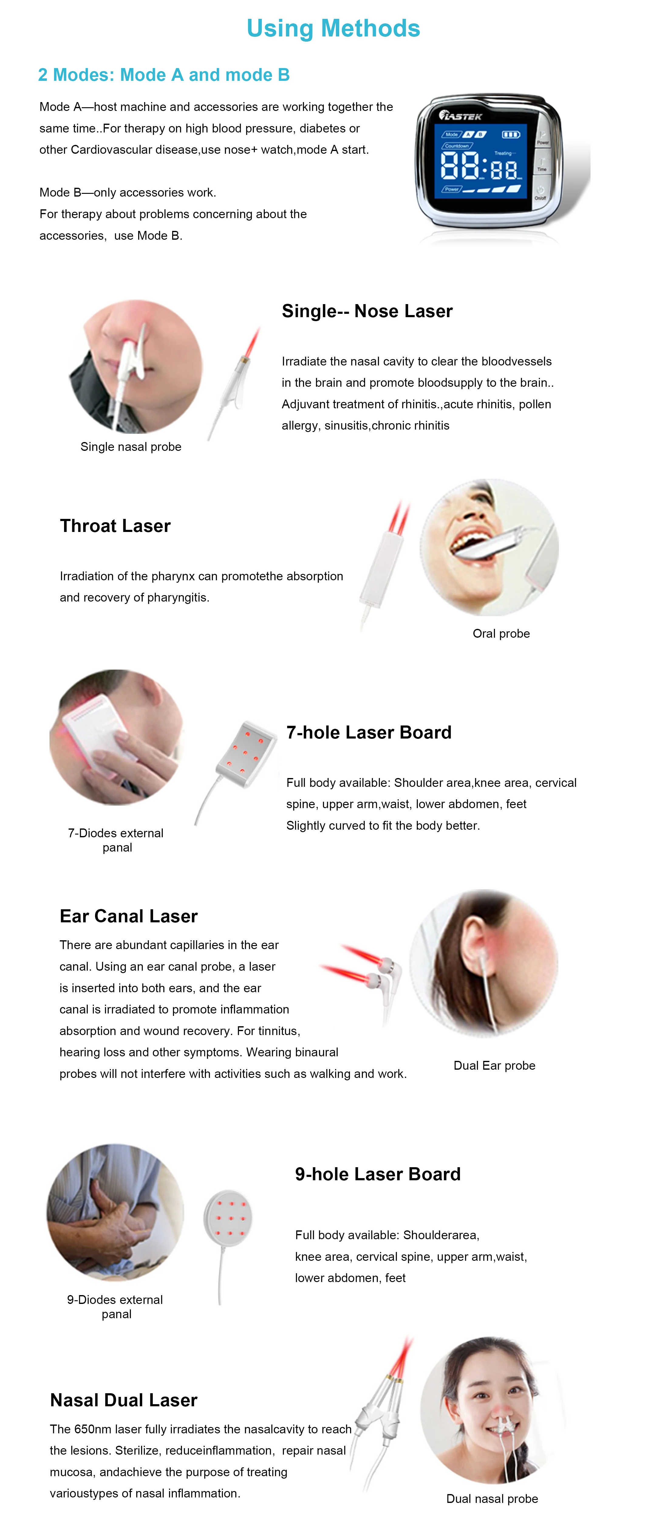 LASTEK 8 in 1 Home Health Care LLLT Laser Watch Therapy Device + 5 ENT External Probe + 650nm Protective Glasses Head Massager