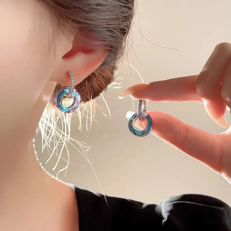 New Shiny Crystal Round Earrings for Women Light Luxury Temperament Stud Earrings Female High-end Loop Earrings Caja Misteriosa