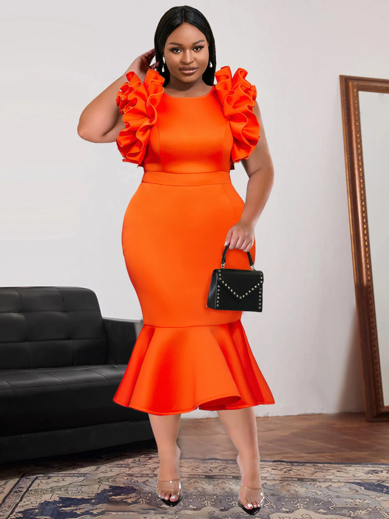 Aomei Robe a volants orange grande taille pour femme tenue de soiree midi fete d anniversaire mariage