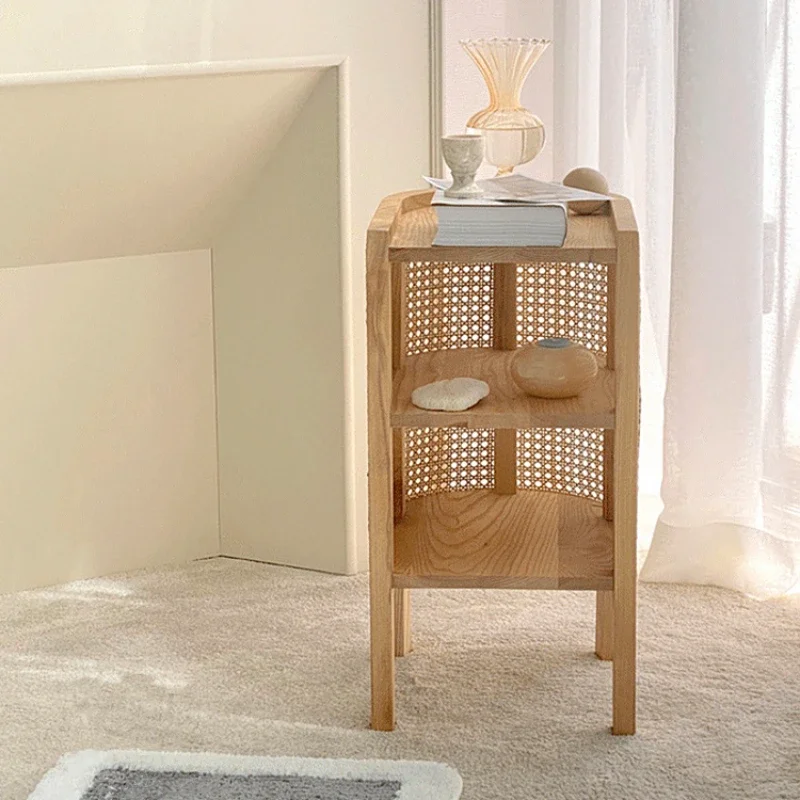 Japanese Bedside Table Rattan Woven Wood Bedroom Furniture Double-layer Structure Nightstand Table Versatile Scene Side