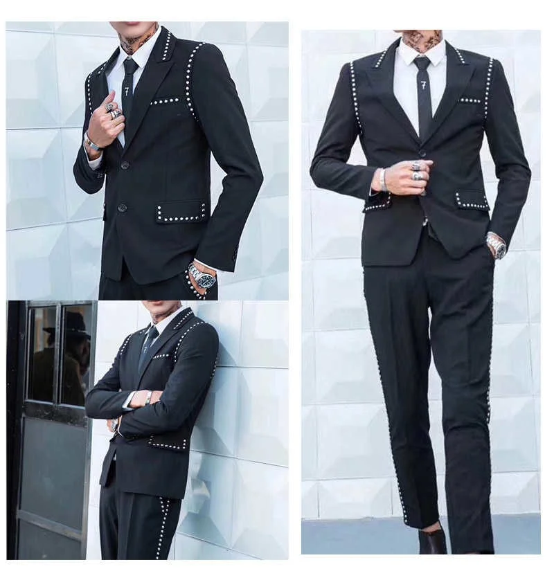 sport coat De Trajes Hombre British Style Slim Suit Two-piece Suit Nightclub Rivet Coat Smoking Homme Mariage Fashion Korea Suit Male blazers