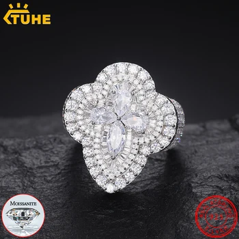 TUHE Unisex 925 Silver Geometry Ring Moissanite Stone Iced Out Couple Rings for Women Men Hip Hop Gifts