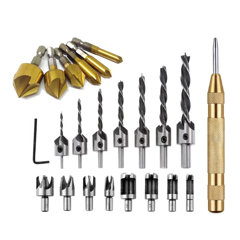23pcs cork drill five edge chamfering device three point woodworking drill positioning center punching chamfering combination 23pcs hss countersink drill bit set reamer woodworking three point chamfer drill positioning center punch combination set