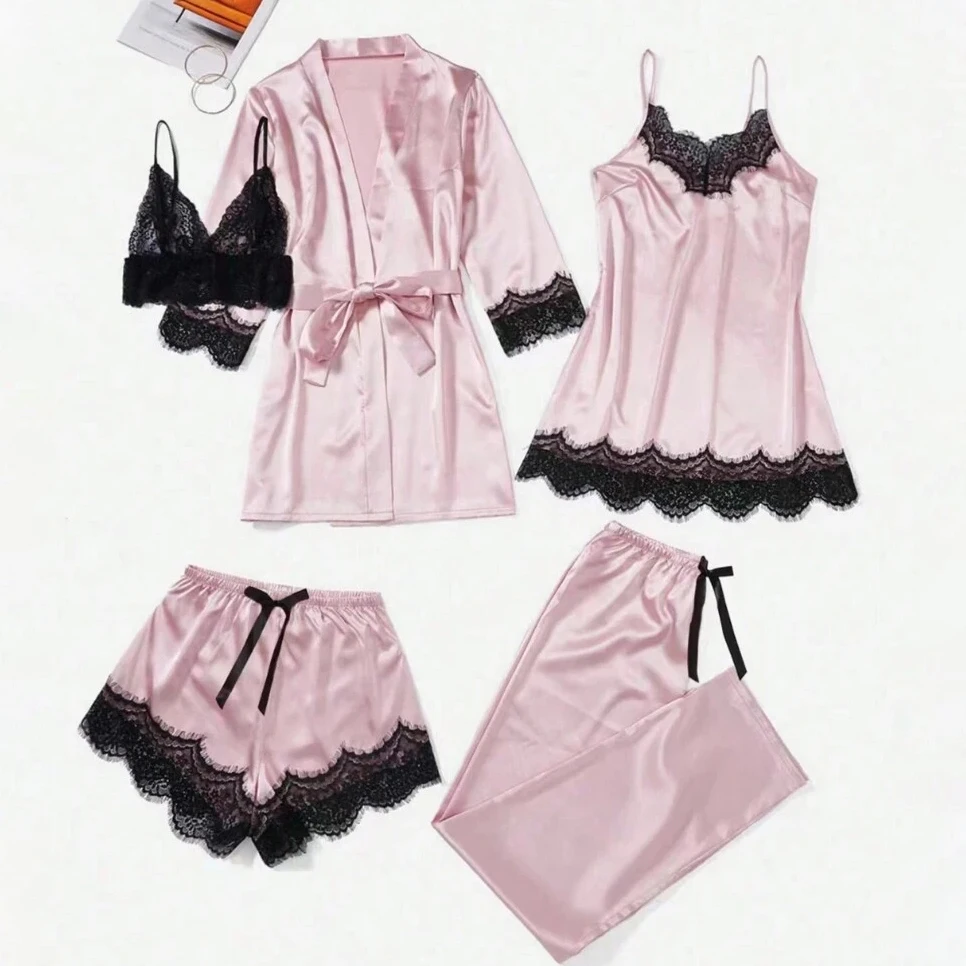 5 Pieces Women's Satin Sleepwear Pajama Set Robe Sexy Lingerie Bathrobe Lace Silk Night Dress Trousers Home Clothed Nightwear PJ