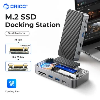 ORICO USB C 허브, 냉각 선풍기 포함, M.2 NVMe SATA SSD 인클로저, 외장 10Gbps 4K 60Hz HDMI-Com RJ45 SD/TF 도킹 스테이션
