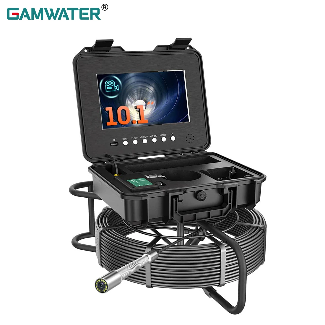 

Sewer Pipe Inspection Camera 10" 1080P Screen and Self-Leveling 512HZ Locator Video/Audio Record 5X Image Enlarge Borescope