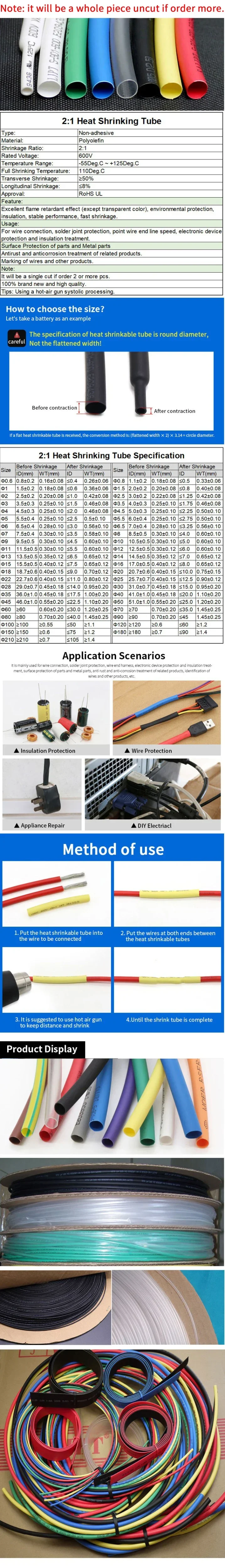 Description Picture 2 of item2M Diameter 1 1.5 2 2.5 3 3.5 4 4.5 5 6 7 8 9 10mm Heat Shrink Tube 2:1 Shrink Ratio Polyolefin Insulated Cable Sleeve