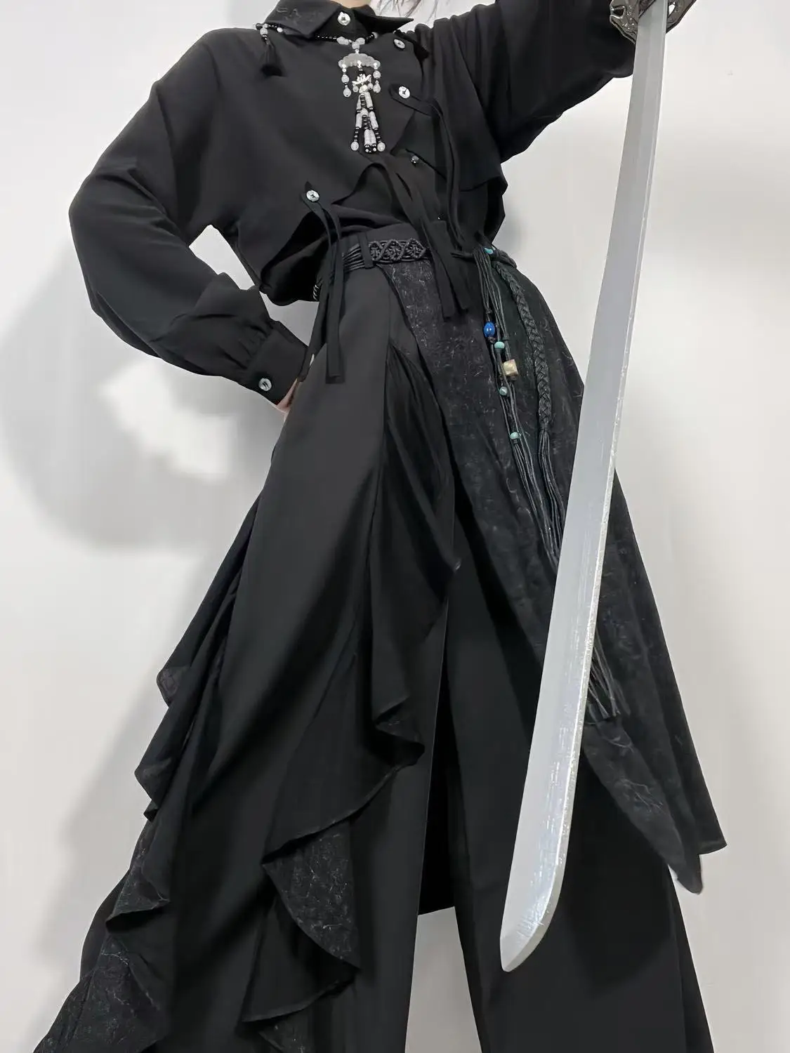 Bisex Dark Black Skirt Pants Men Women New Chinese Style Patchwork Double-layer Wide Leg Pants Vintage Niche Fashion Culotte