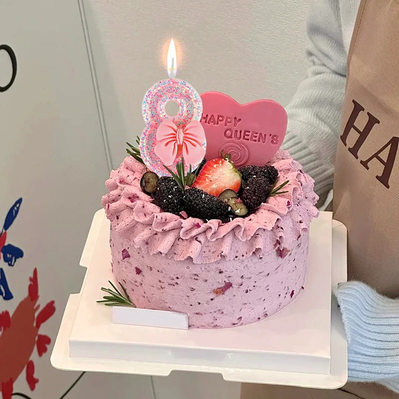 1pc Happy Birthday Number Cake Candles Pink Sequin Bow