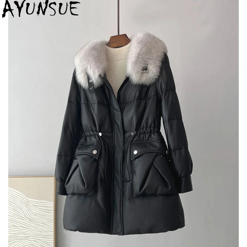 

High AYUNSUE Quality Genuine Leather Jacket Women Real Sheepskin Coat Fox Fur Collar Winter Loose Down Coats Jaqueta Feminina
