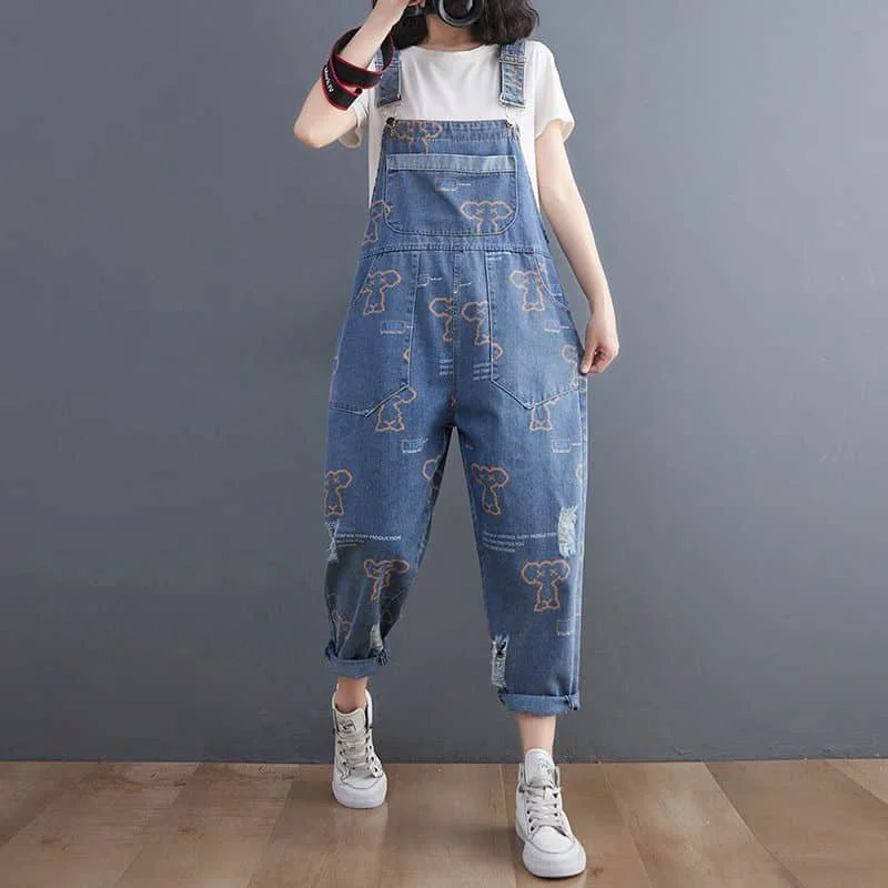 

Denim Jumpsuits for Women Printed Ankle-Length Pants One Piece Outfit Women Rompes Loose Korean Fashion Casual Vintage Overalls