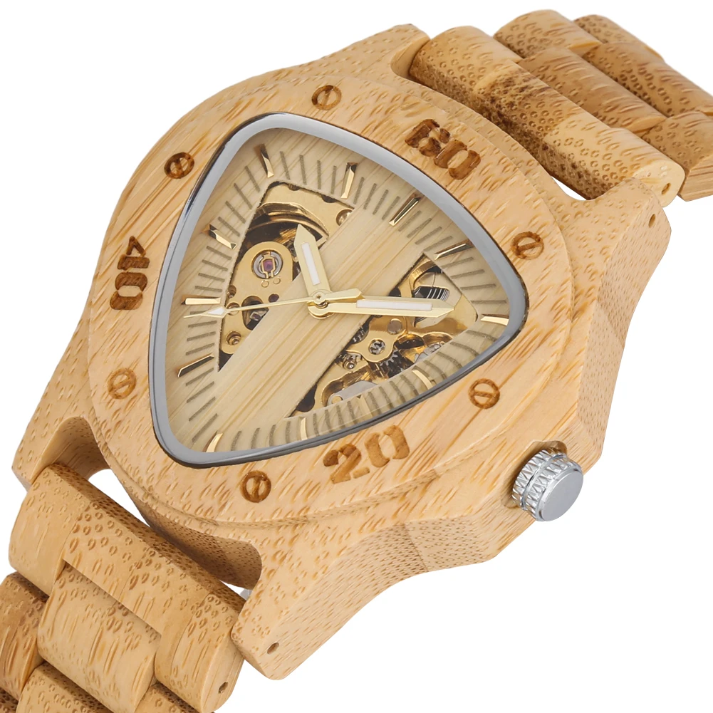 Automatisk mekanisk herrklocka med armband i bambu och trä_voghion.com