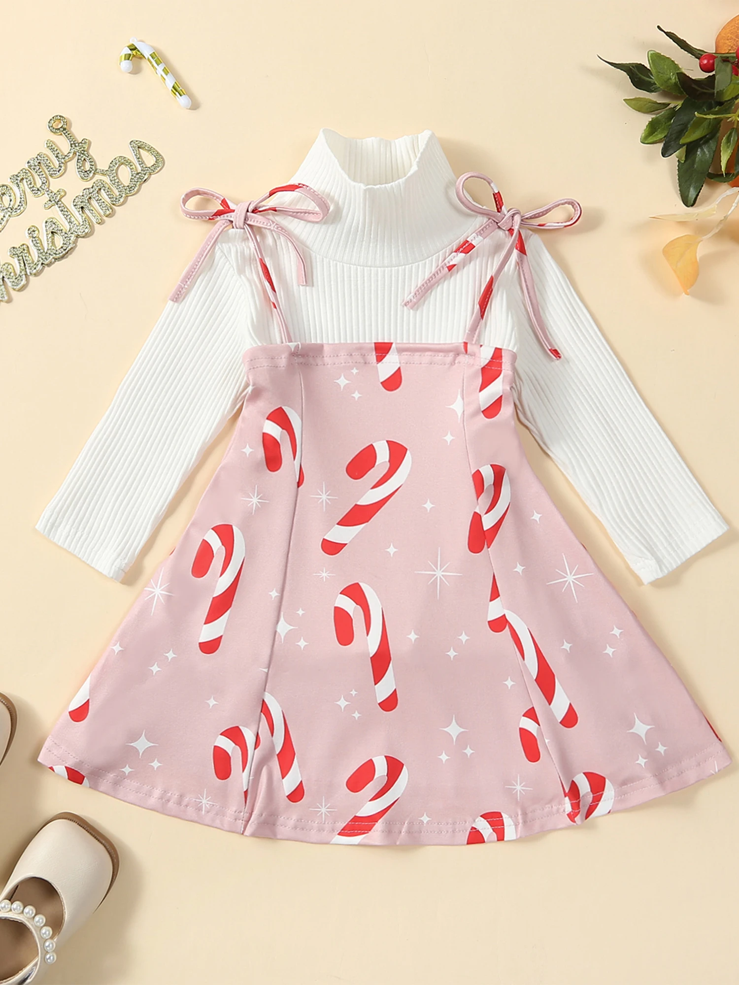 

Children Baby 2pcs Skirt Suit Ribbed High Neck Shirt Suspender Skirt Set Fall Outerwear
