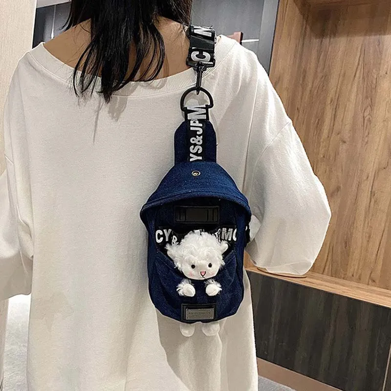 Cute bear canvas shoulder bag with adjustable strap, plush bear accent, and casual design for girls, women, and kids